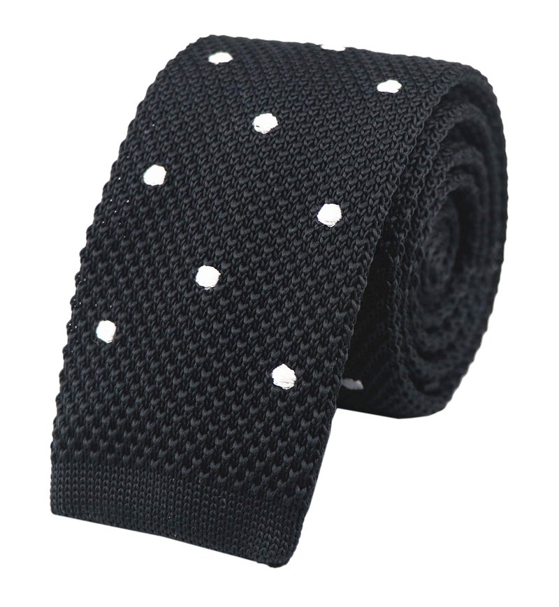 Secdtie Mens Boy Black Knitted Neck Tie with White Dots Accessory Formal Necktie - Image 1